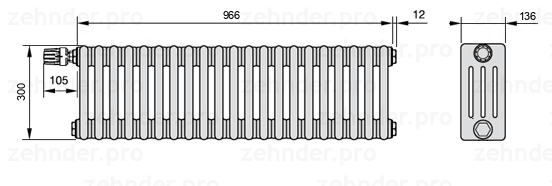 Схема (чертеж) Радиатор Zehnder Charleston 4030/21 №V012 Белый глянцевый RAL 9016